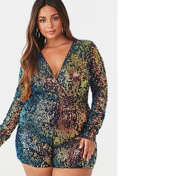 Forever 21 F21+ Rainbow Sequin Romper Disco Long Sleeve PLUS SIZE 3X XXXL NWT - Picture 1 of 4